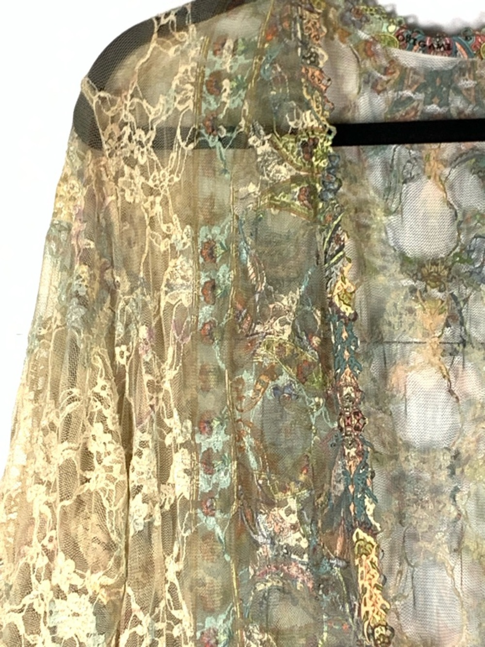 Origami Kimono Cardigan L Beige Lace Hi Low Boho Open Front Ruffle Sheer - Picture 5 of 16
